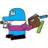Blaues Maskottchen mit Schreibwaren-Sidekick