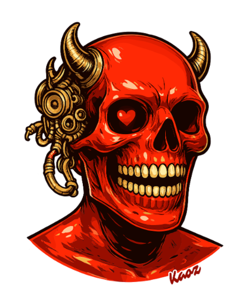 Red skull in cyber hybrid machine look