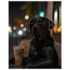 Nachtlicher Straßenhund mit Kaffee