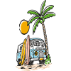 Tropischer Surfbus am Palmenstrand