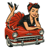 Pin-up Woman su un'auto d'epoca: look retrò rockabilly