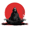 Sensenmann Meditation vor roter Sonne