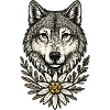 Wolfkopf mit Blumenkranz