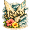 Surfing with waves and hibiscus flowers
