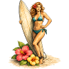 Surfeur avec planche et fleurs d’hibiscus