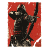 Hooded archer on red background