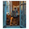 Fensterkatze mit Akkordeon