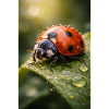 Red ladybug on dewdrops