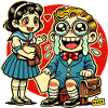 Retro Schoolchildren with Heart Background