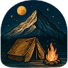 Mountain camping at night with fire