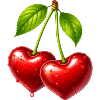 Due ciliegie lucide a forma di cuore con foglie