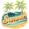 Palm Trees Beach Waves Illustration