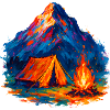 Farbiges Bergcamping Zelt am Feuer