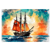 Red sailing ship at sunset