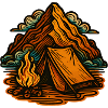 Fire, tent and mountain landscape