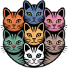 Multi-coloured cat round colourful cats