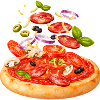 Pizza con salame e illustrazione di verdure