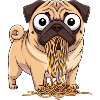 Hauska mopsi Spaghetti Italian pastaruoalla
