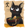 Gatto nero divertente che mangia Ramen Noodles Giapponese