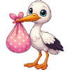 Cuddly pelican with pink bundle
