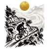 Radfahrer Bergpass Holzschnitt Goldsonne