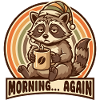 Morgenmuffel Waschbär mit Kaffee