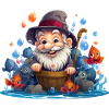 Fröhlicher Fischer mit bunten Fischen