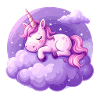 Unicorno rosa che dorme su una nuvola viola
