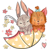 Rabbit and dog with an umbrella