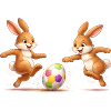 Easter bunnies playing soccer with colorful easter egg
