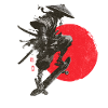 Silhouette eines Samurai-Skaters mit roter Sonne