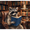 Reading raccoon in library