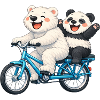 Two teddy bears on a bicycle