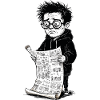 Sad boy reading black newspaperwhite