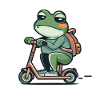 Cool frog with backpack on scooter to