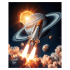 Rocket through Saturn's rings in space