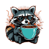 Überforderter Waschbär mit Kaffee