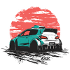 Teal Rally Car Sunset Sketch