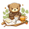 Cuddly bear reading with coffee