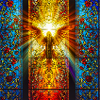 Angel in radiant glass window