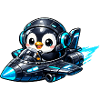Neon penguin pilot in rocket jet