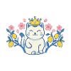Cat with crown among flowers