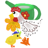 Chicken and chick in flower garden