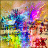 Farbenfrohes Winterdorf-Aquarell