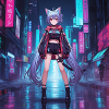 Neon cat runner in cyber city
