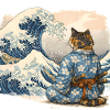 Samurai Cat Wave Japanese Ukiyo-e Style