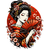 Geisha mit Fächer und Kirschblüten