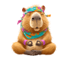 Capybara mit Blumenkranz in Meditationspose