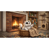 Cozy cat in basket by fireplace
