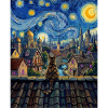 Tabby Cat Starry Night Village Art